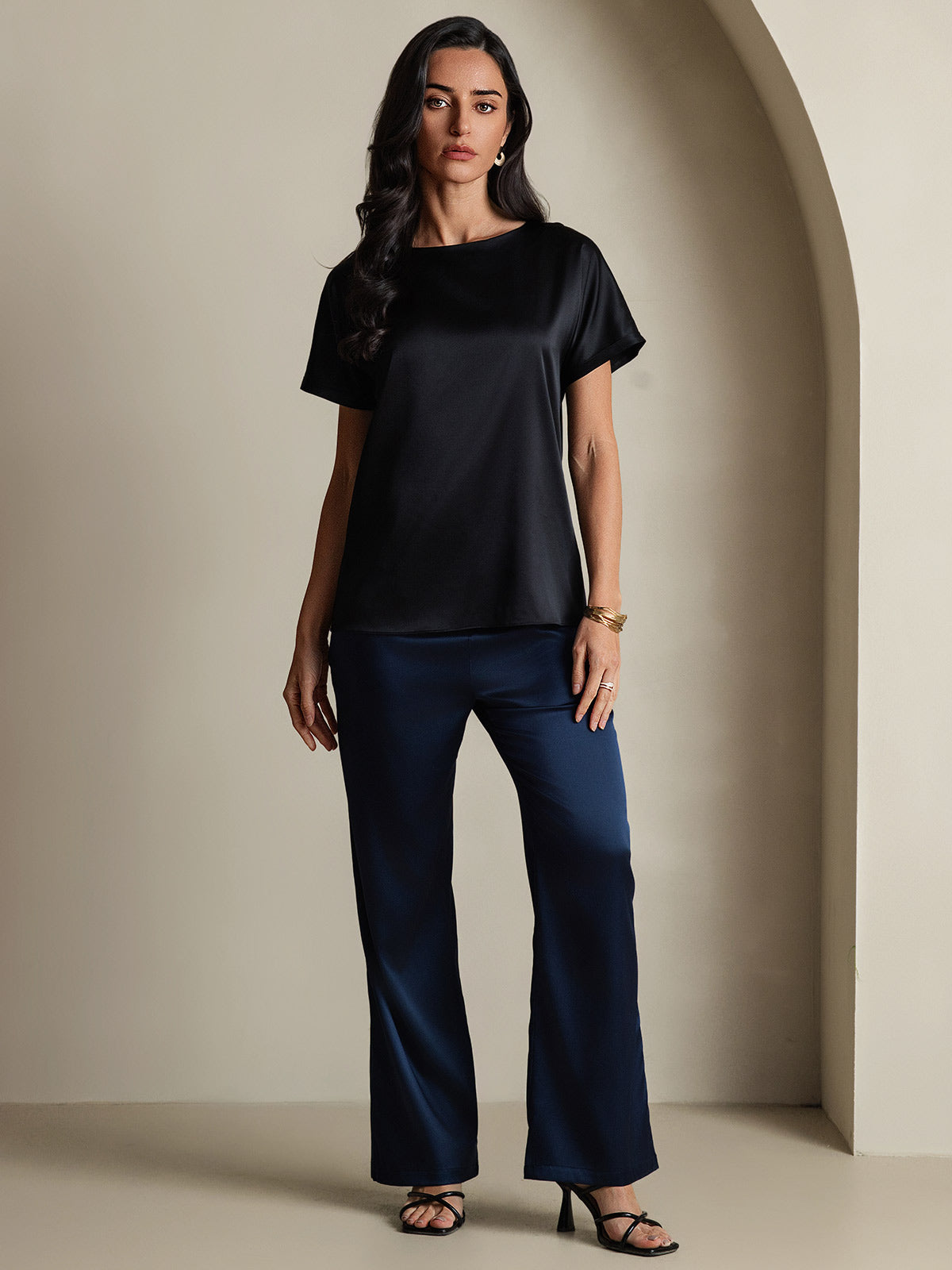 [Svart] SilkSilky-SE 19Momme Silke Womens T-Shirt 006,