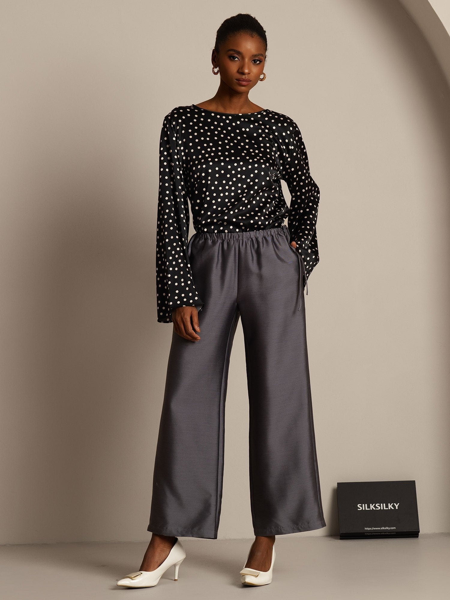 [Grå] SilkSilky-SE 32Momme Silk-Wool Blend Womens Pants 003,