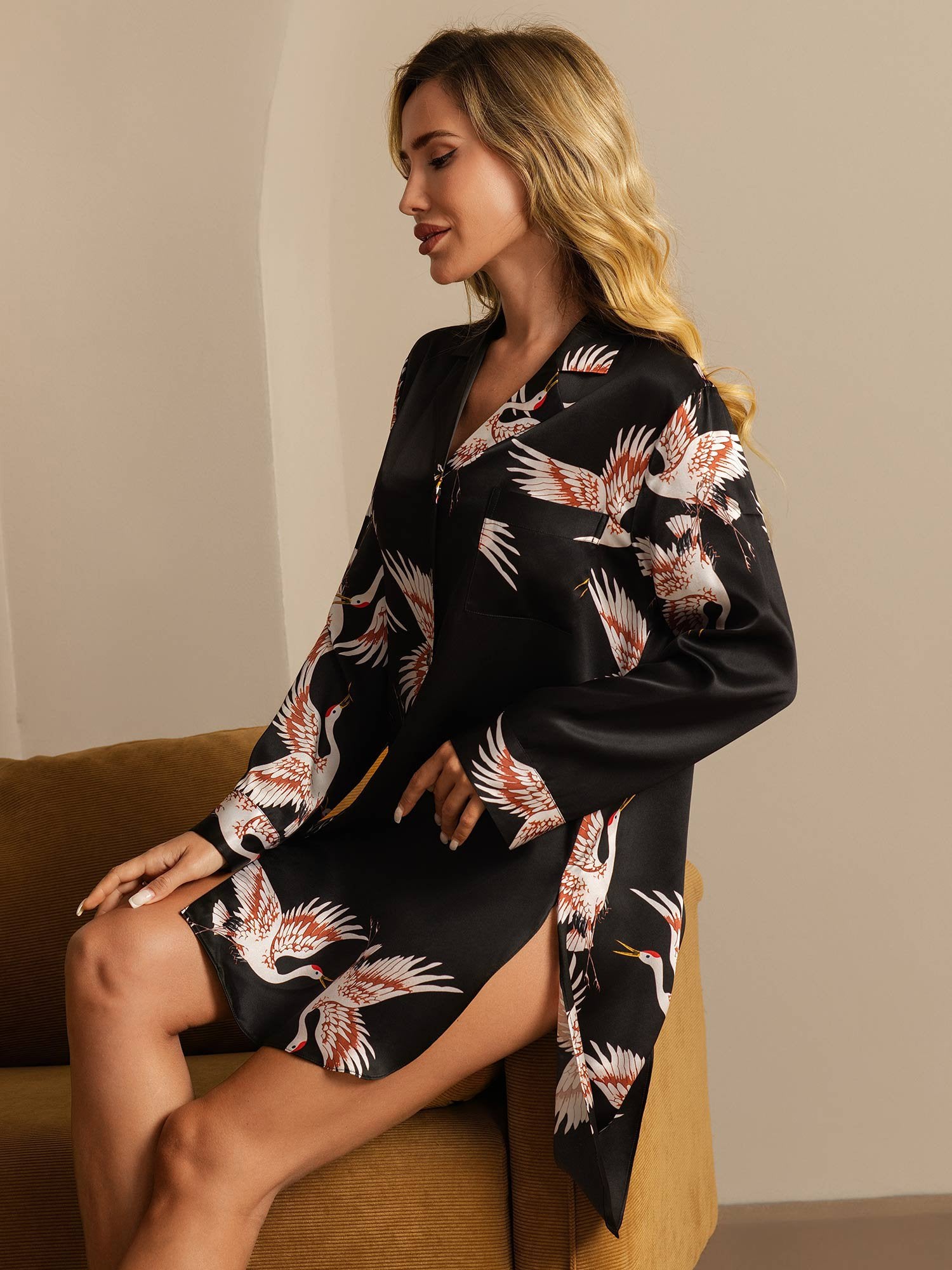 [Svart] SilkSilky-SE 19Momme Rent Silke Krage Dam Sömnskjorta 007