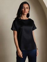 [Svart] SilkSilky-SE 19Momme Kort Ärm Båtringad Dam T-Shirt 001
