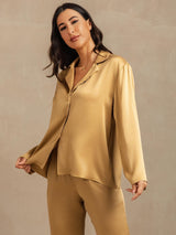 [Tan] SilkSilky-SE 19Momme Lång Ärm Notchkrage Dam Pyjama 008