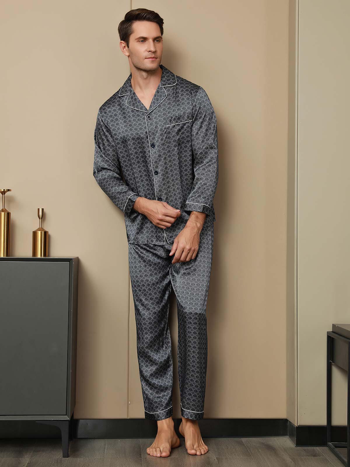 [Marin Ginkgo] SilkSilky-SE 19Momme Rent Silke Mens Pajamas 004