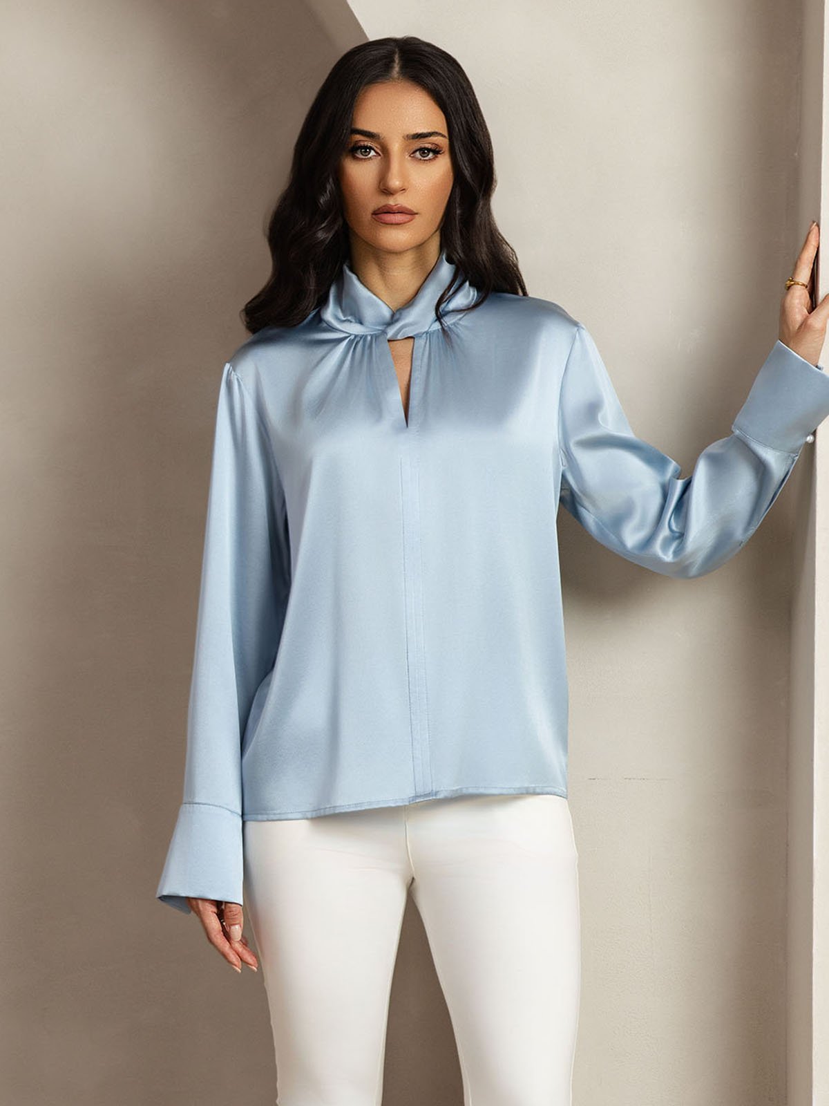 [Gråblå] SilkSilky-SE 19Momme Silke Womens Shirt 009