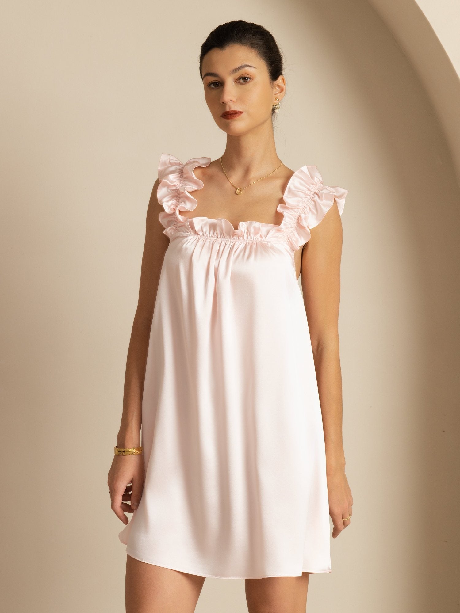 [Rosa] SilkSilky-SE 19Momme Silke Ärmlös Fyrkantig Ringning Klänning 006