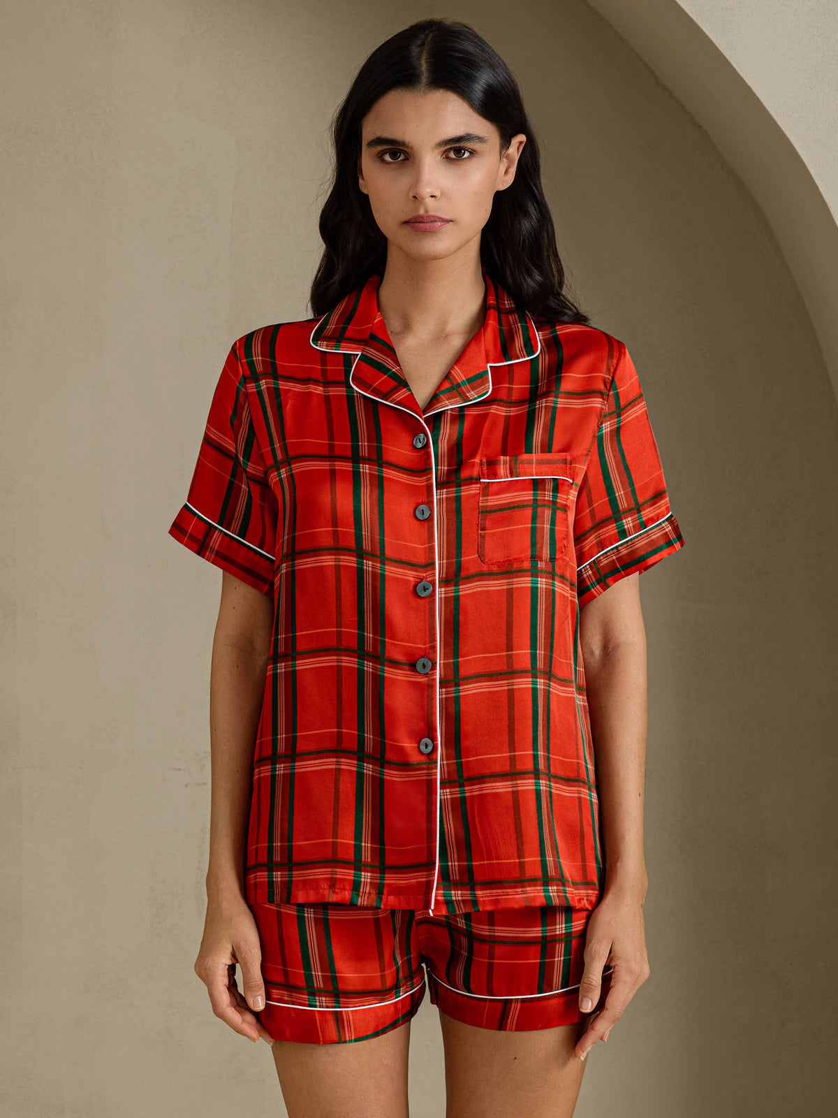 [Rutröd] SilkSilky-SE Short Sleeve Notch Collar Dam Pyjama 001
