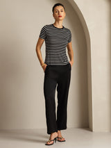 [Svart Rand] SilkSilky-SE Short Sleeve Crewkrage Dam T-Shirt 006