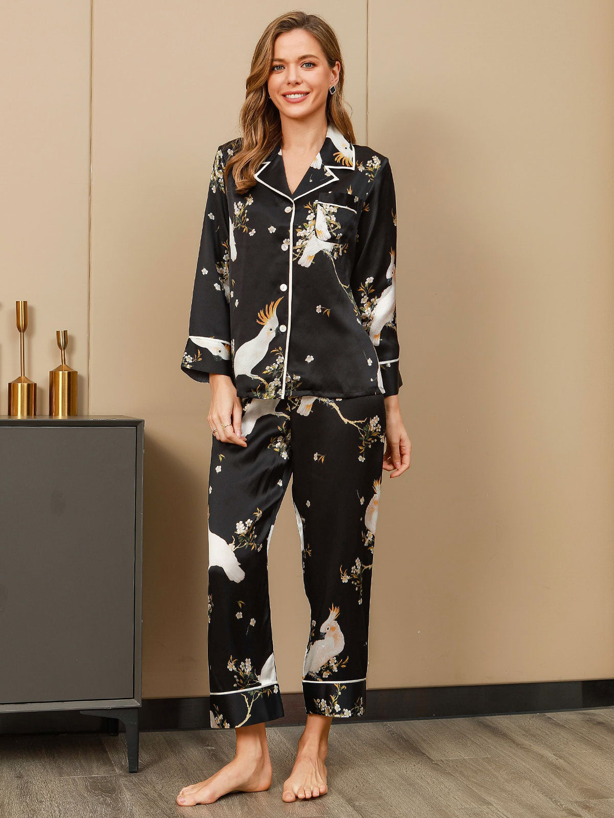 [Svart] SilkSilky-SE Rent Silke Womens Pajamas 004