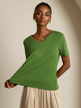 [Grön] SilkSilky-SE Short Sleeve V Neck Dam T-Shirt 006