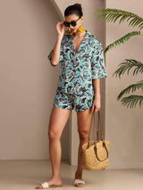 [Blågrön Botanisk] SilkSilky-SE Short Sleeve Notch Collar Dam Pyjama 006