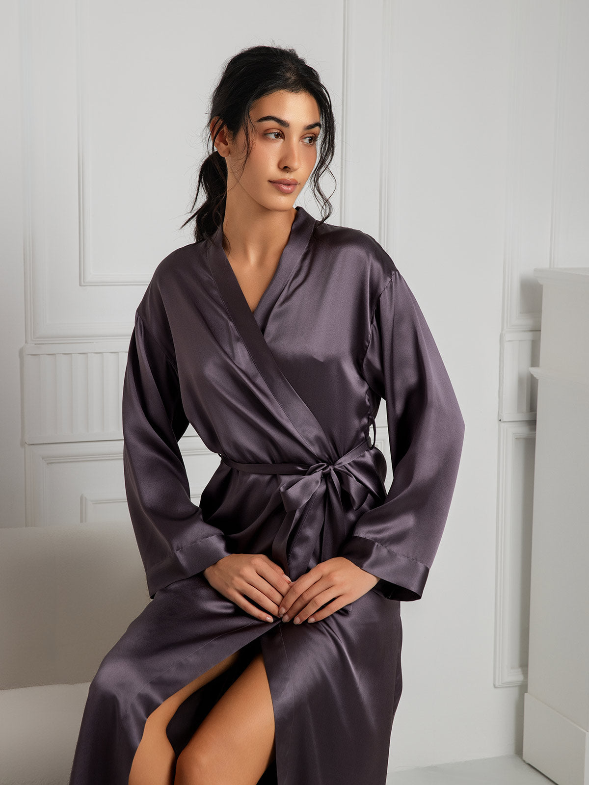 [Lila Grå] SilkSilky-SE Rent Silke Womens Robe 006