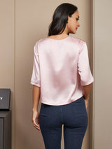 [Rosa] SilkSilky-SE Hårärm Djup Rund Halsringning Dam T-Shirt 002