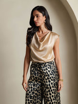 [Champagne] SilkSilky-SE Cap Sleeve Cowl Neck Dam T-Shirt 006