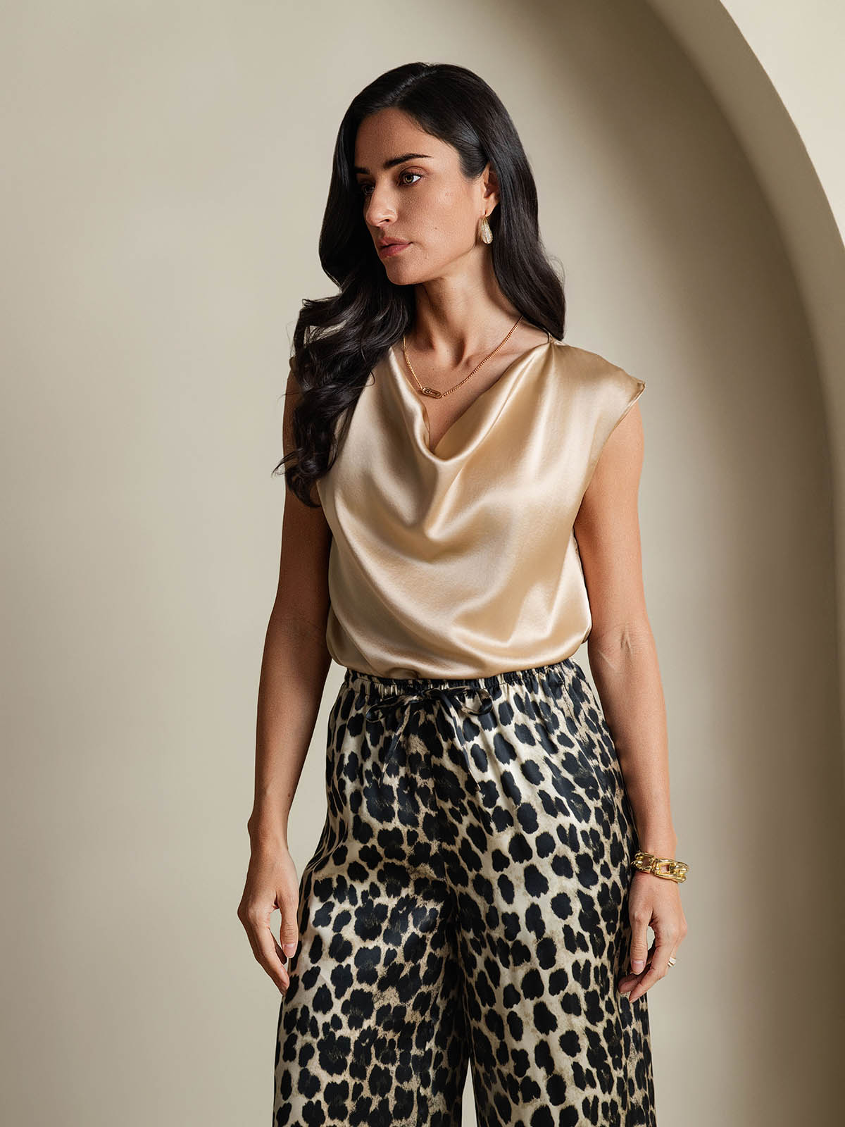 [Champagne] SilkSilky-SE 19Momme Kappärm Cowl Halsringning Dam T-Shirt 005