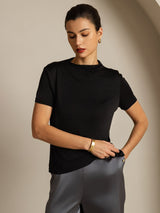 [Svart] SilkSilky-SE 100% Silk Jersey Short Sleeve Mock Neck Dam T-Shirt 006