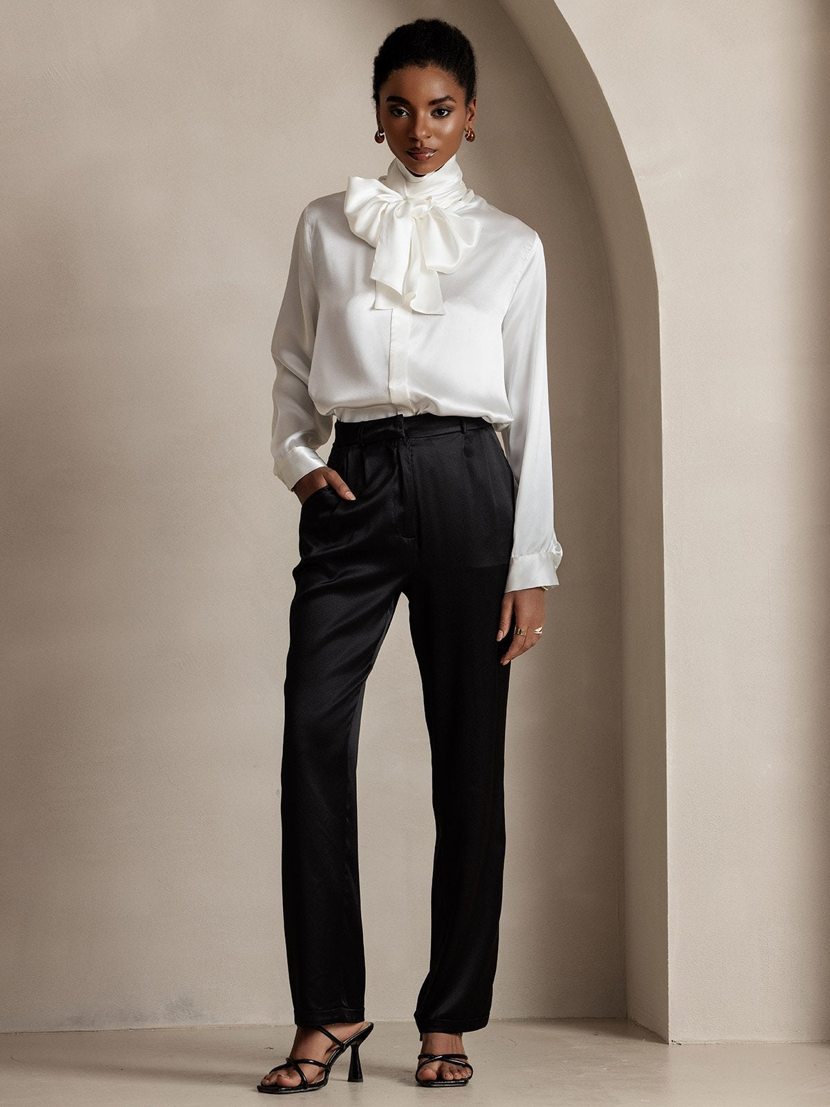 [Svart] SilkSilky-SE 19Momme Silke Womens Pants 007