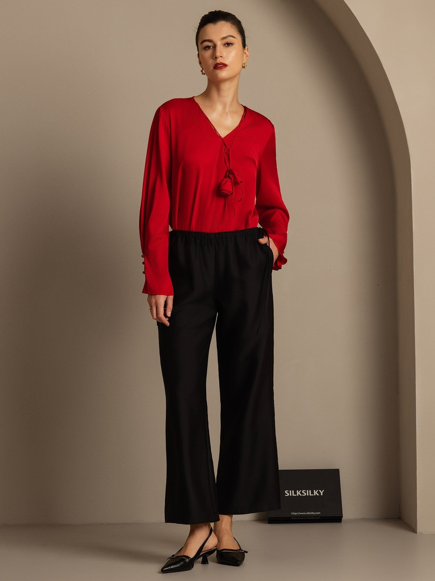 [Svart] SilkSilky-SE 32Momme Silk-Wool Blend Womens Pants 007,