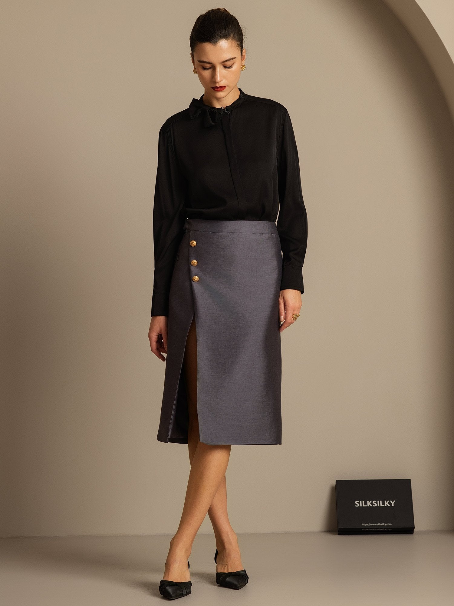 [Grå] SilkSilky-SE 32Momme Silk-Wool Blend Skirt 006,