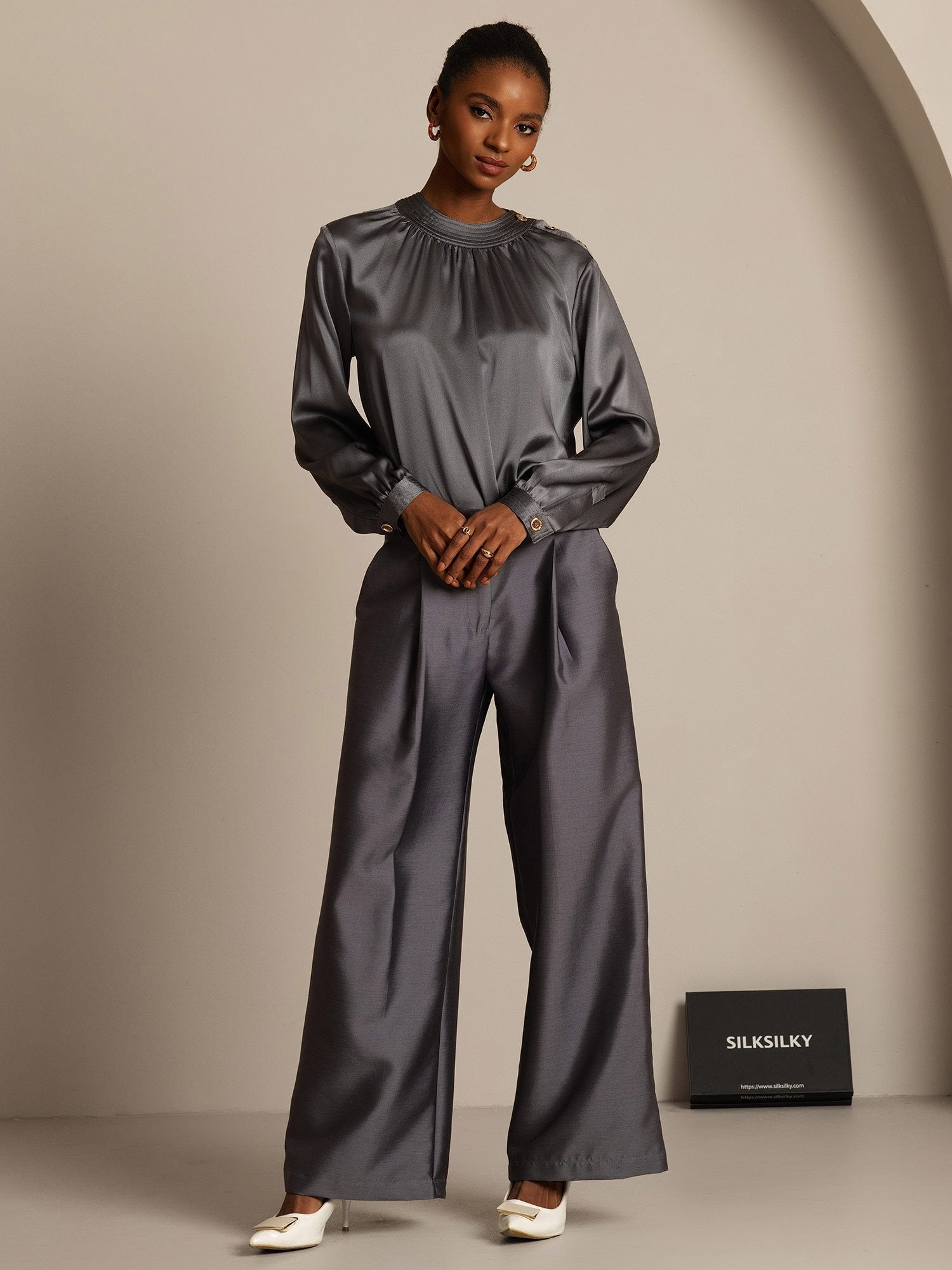 [Grå] SilkSilky-SE 32Momme Silk-Wool Blend Womens Pants 006,