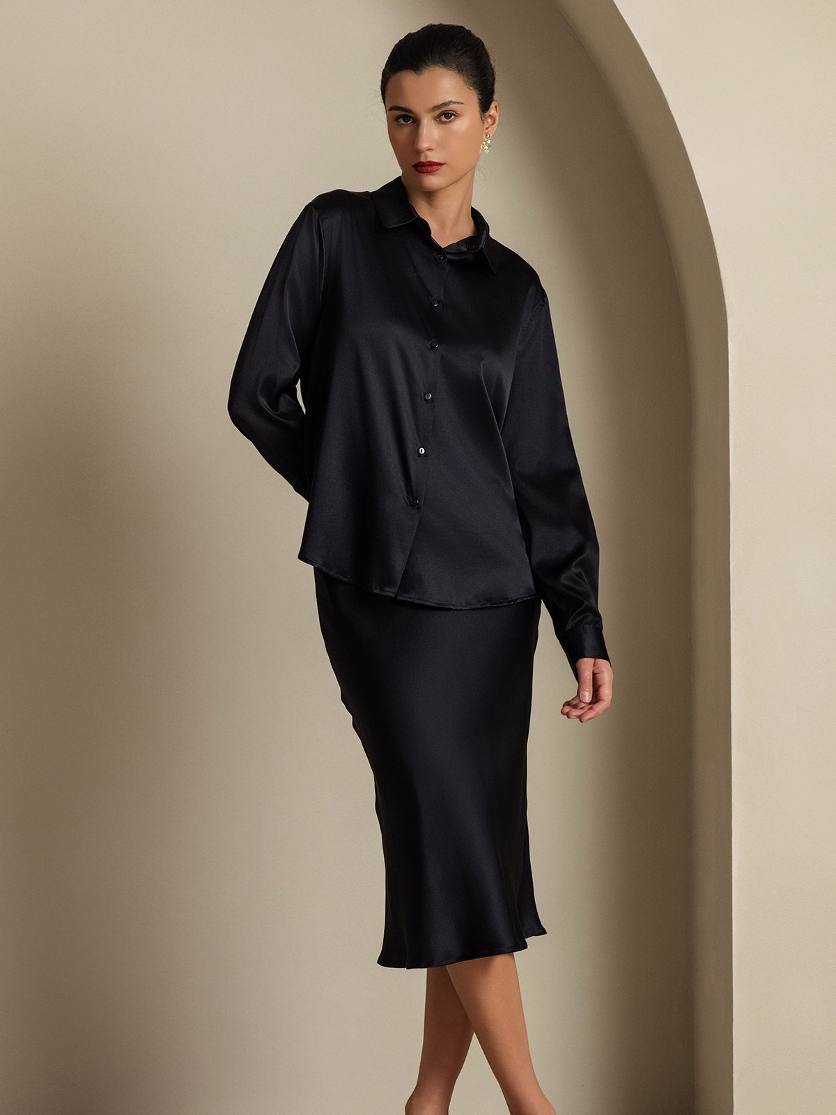 [Svart] SilkSilky-SE 19Momme Silke Krage Women''s Outfit Sets 005,
