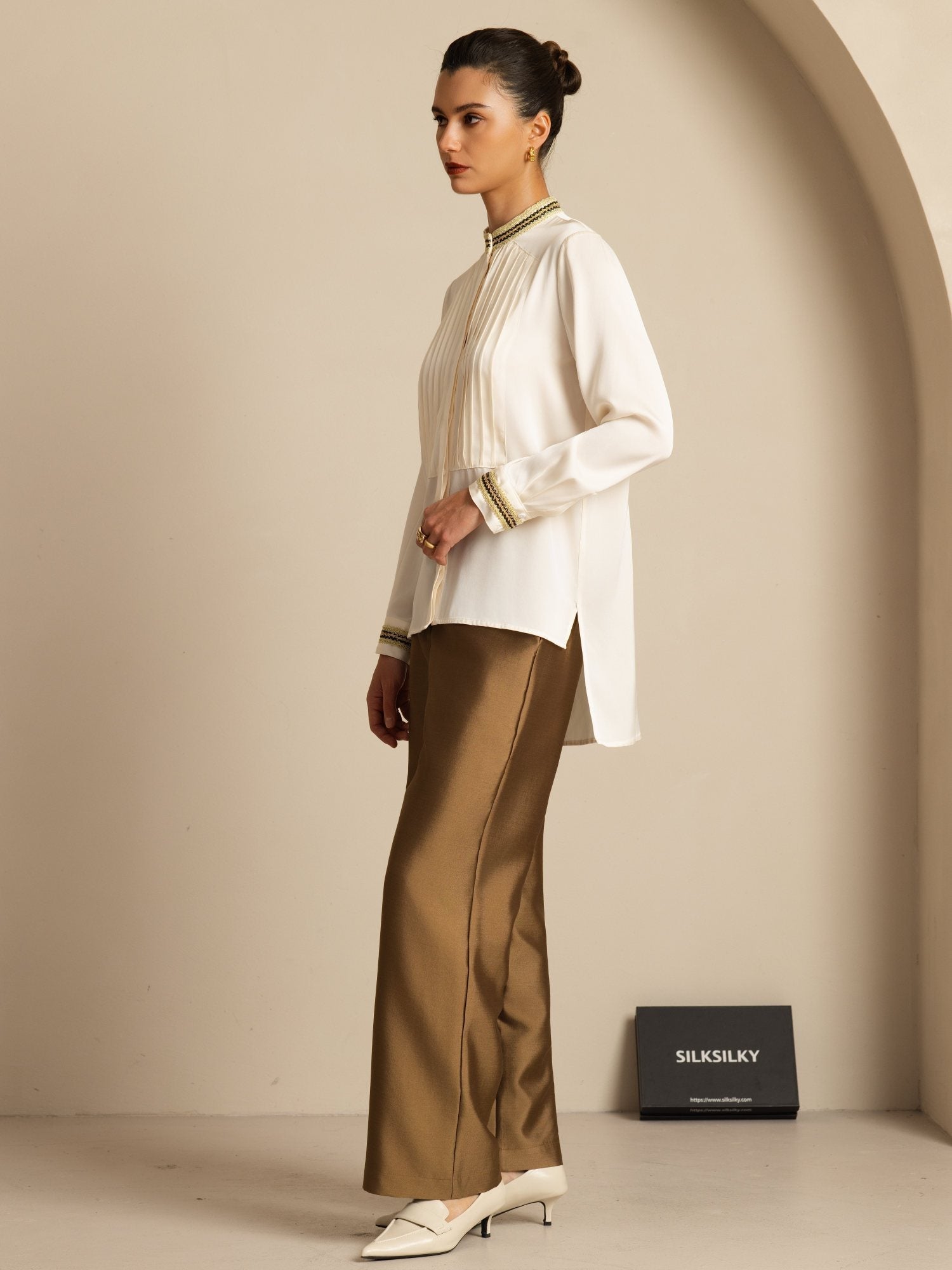 [Havspärla] SilkSilky-SE 19Momme Silke Lång Ärm Ståkrage Blus 008