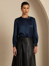 [Mörkblå] SilkSilky-SE 19Momme Long Sleeve Round Neck Blus 001