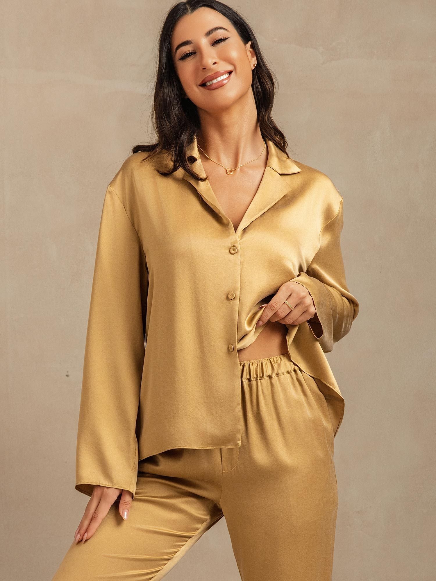 [Tan] SilkSilky-SE 19Momme Silke Skårad Dam Pyjama 007