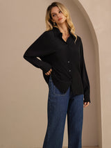 [Svart] SilkSilky-SE Long Sleeve Lapel Collar Damskjorta 004