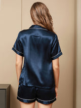 [Mörkblå] SilkSilky-SE Short Sleeve Lapel Collar Dam Pyjama 002
