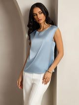 [Gråblå] SilkSilky-SE Cap Sleeve Round Neck Dam T-Shirt 004
