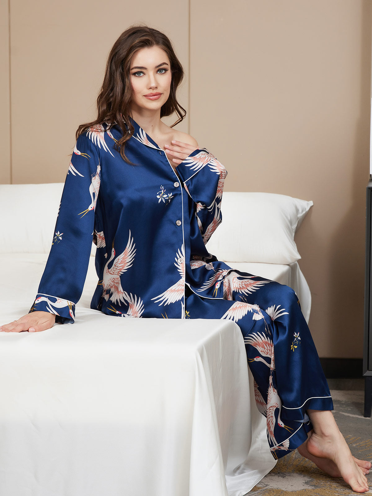 [Mörkblå] SilkSilky-SE 19Momme Rent Silke Womens Pajamas 006