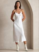 [Vit] SilkSilky-SE Spaghetti Strap V Neck Klänning 003