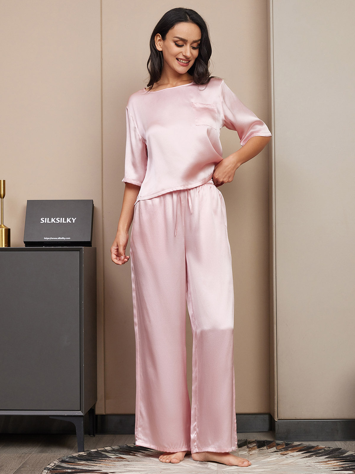 SilkSilky SE Rent Silke Hårärm Round Neck Dam Pyjama Rosa 004