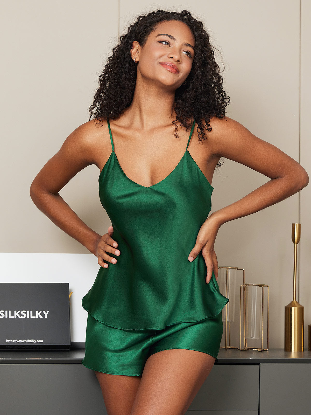 [Grön] SilkSilky-SE Rent Silke Camisole Set 002