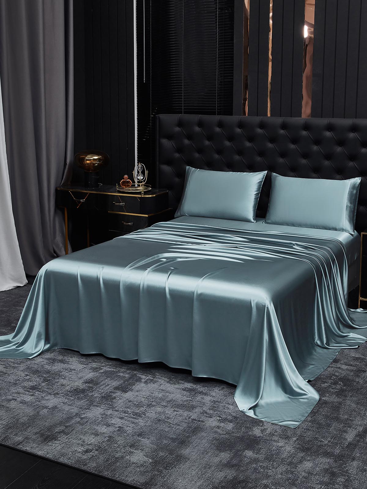 [Gråblå] SilkSilky-SE 22Momme Rent Silke Bedding Set 002