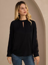 [Svart] SilkSilky-SE Long Sleeve Keyhole Neck Damblusar 003