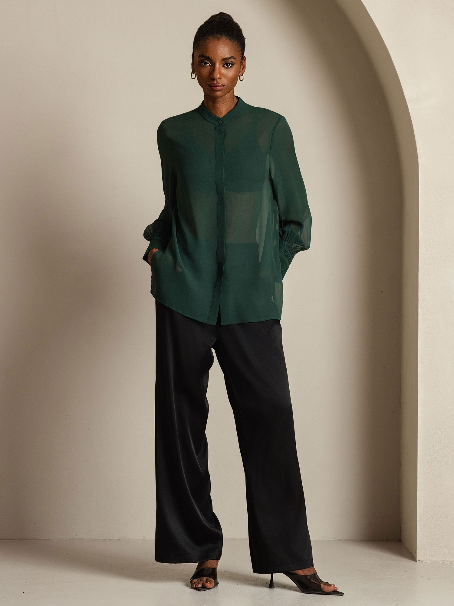 [Mörkgrön] SilkSilky-SE Rent Silke Womens Shirt 009
