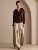[Mörk Choklad] SilkSilky-SE Long Sleeve Tie Neck Damblusar 005