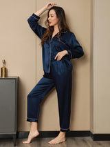 [Mörkblå] SilkSilky-SE Long Sleeve Lapel Collar Dam Pyjama 006