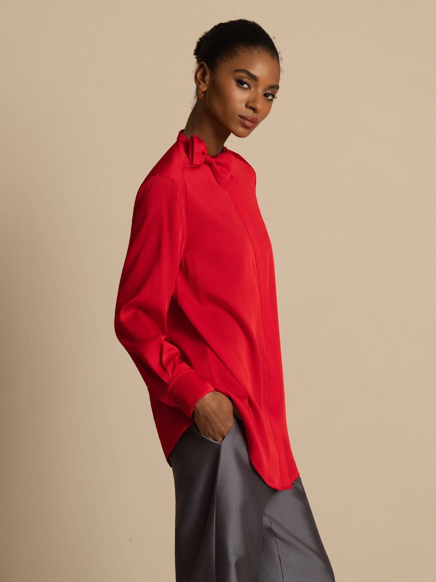 [Vin] SilkSilky-SE 19Momme Silke Lång Ärm Ståkrage Blus 006