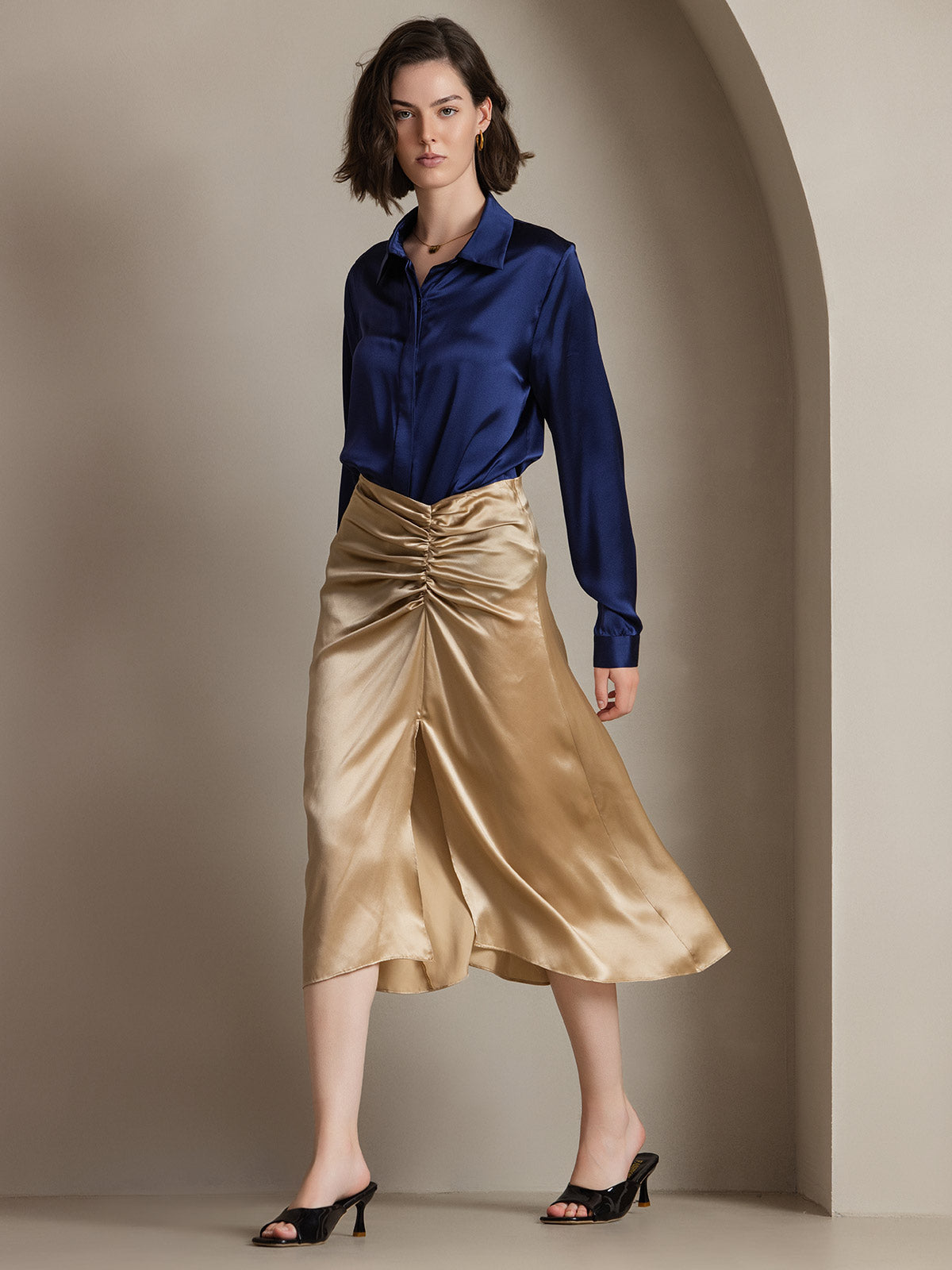 [Mörkblå] SilkSilky-SE 19Momme Silke Lapel Collar Damskjorta 006
