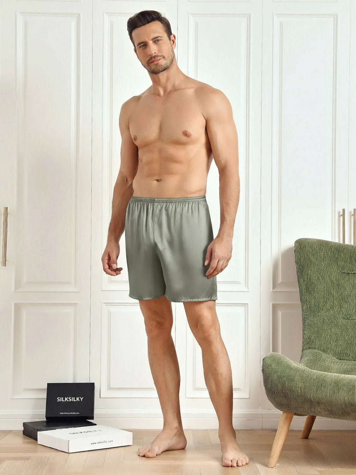 [Grågrön] SilkSilky-SE Rent Silke Mens Sleep Bottoms 005