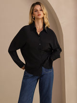 [Svart] SilkSilky-SE Long Sleeve Lapel Collar Damskjorta 003