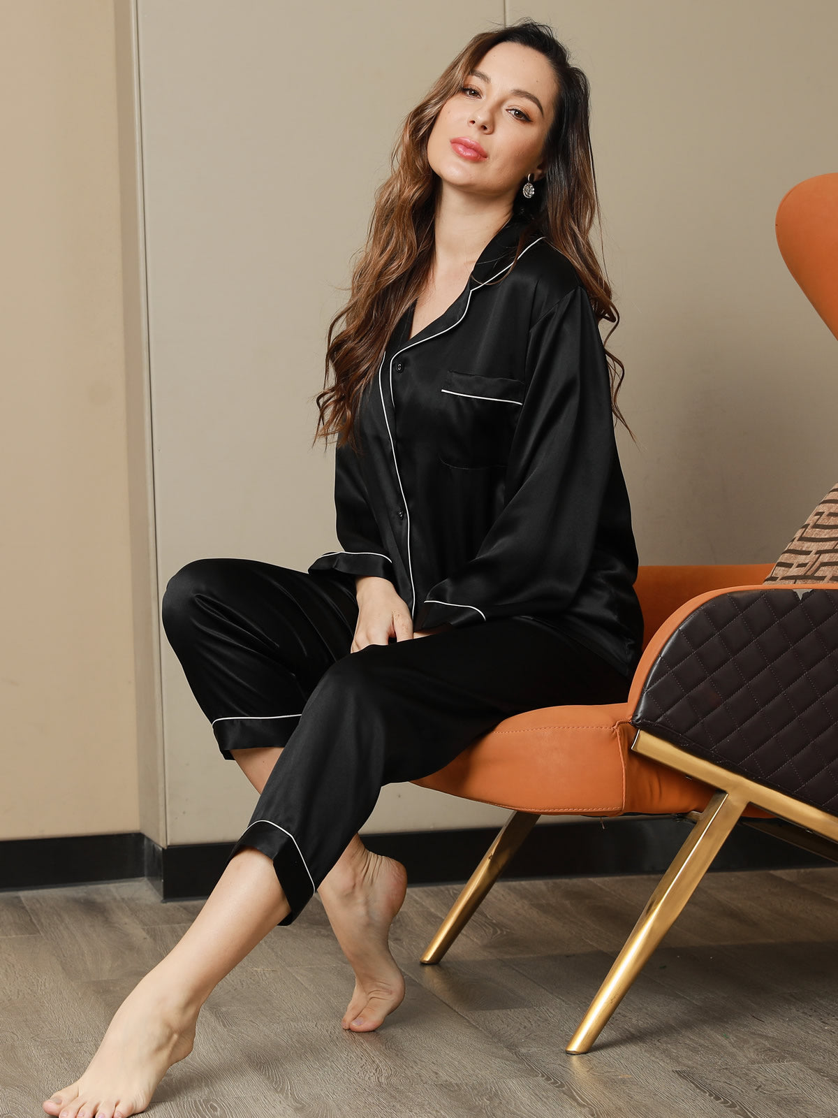 [Svart] SilkSilky-SE Rent Silke Womens Pajamas 001