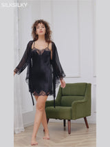 SilkSilky-SE Rent Silke 3/4 Ärm Nightgown&Robe Set-video-001