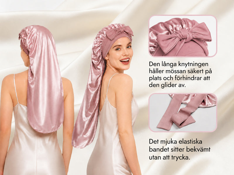 Lång Sovmössa I 100 % Mullbärssilke Med Dubbla Lager Och Justerbart Långt Knytband - Detail 3