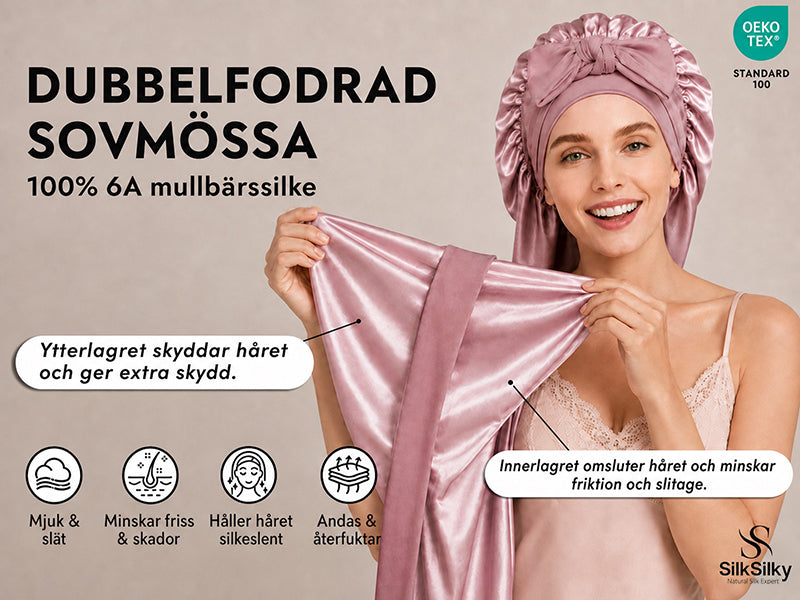 Lång Sovmössa I 100 % Mullbärssilke Med Dubbla Lager Och Justerbart Långt Knytband - Detail 1