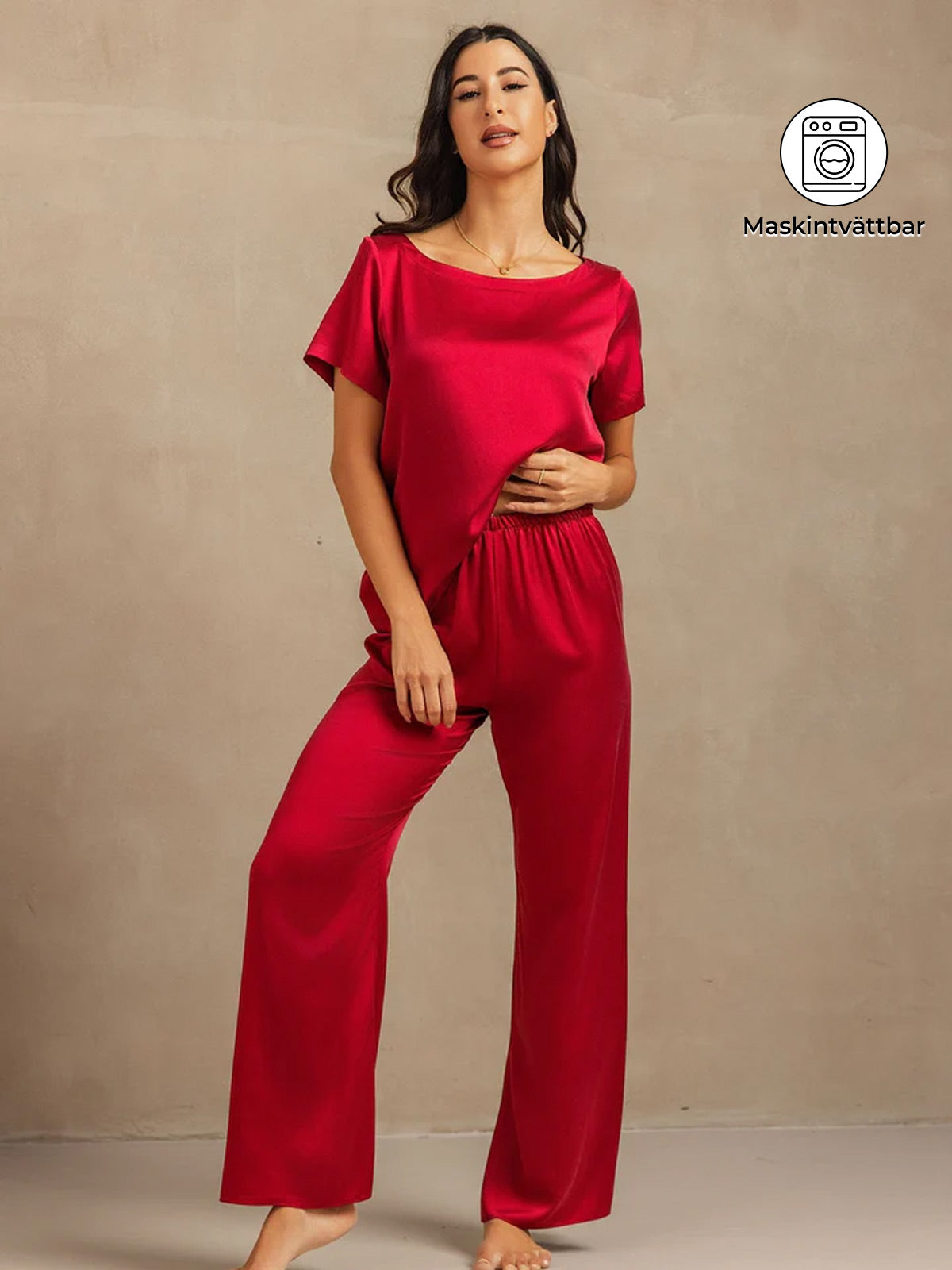 19 Momme Kvinnors Tvättbar Silke Kort Ärmar Pyjamas Set