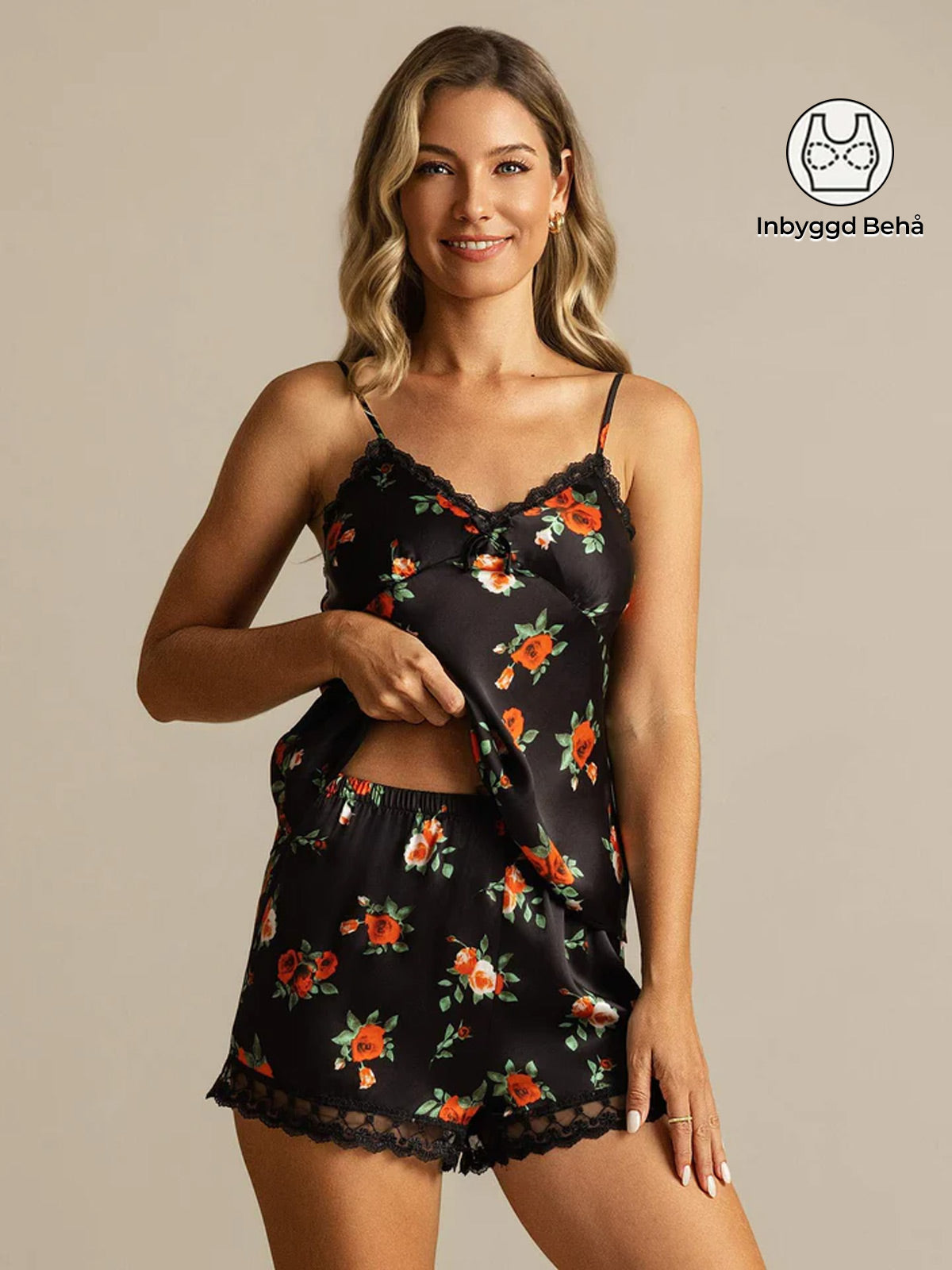 Ren Silke Blommönster Spaghettiband Camisole Set med Inbyggd BH