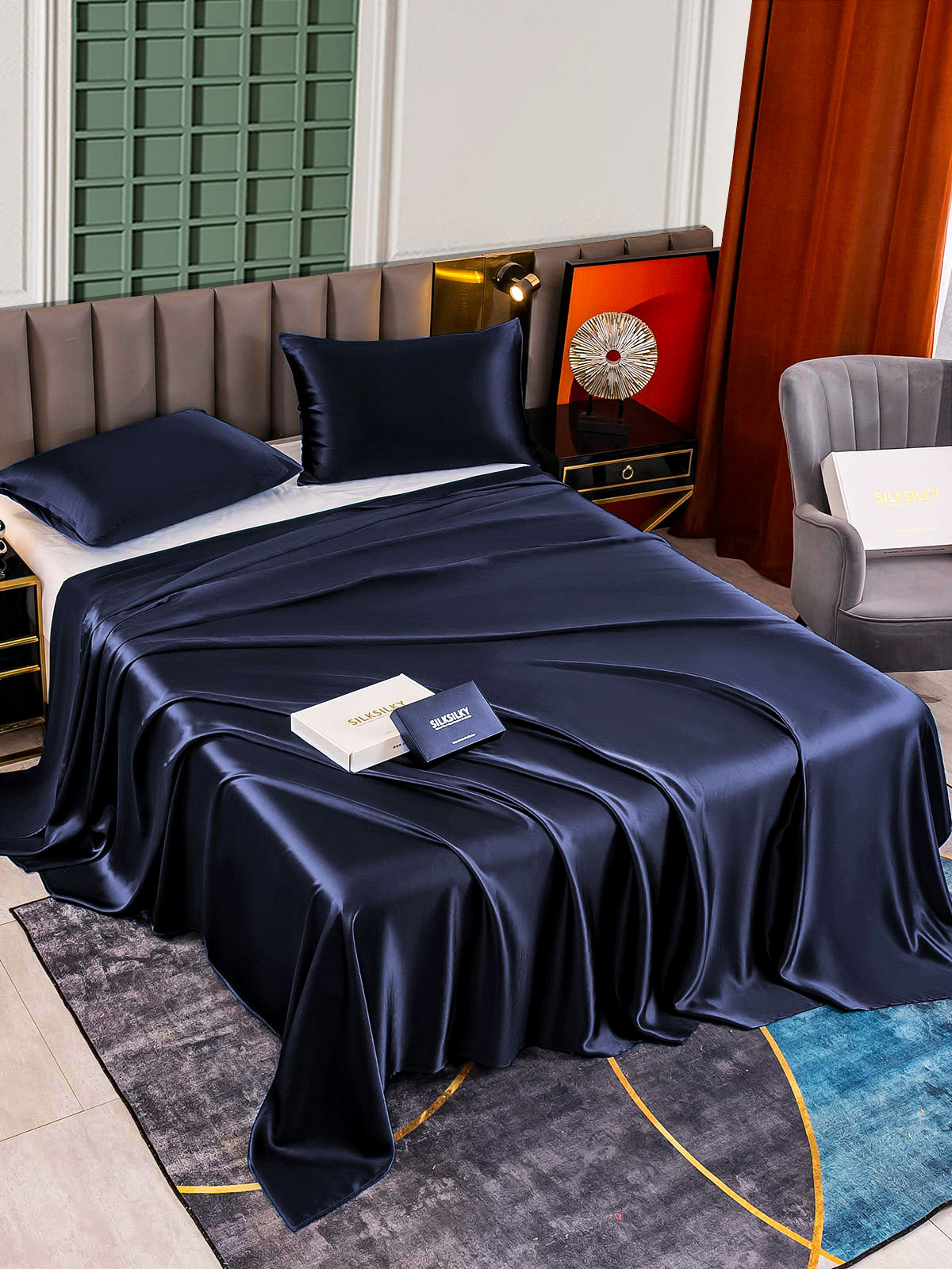 SilkSilky SE 25Momme Rent Silke Bedding Set Mörkblå 002