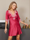 SilkSilky SE 19Momme Rent Silke Hårärm Deep V Neck Klänning Rosröd 005